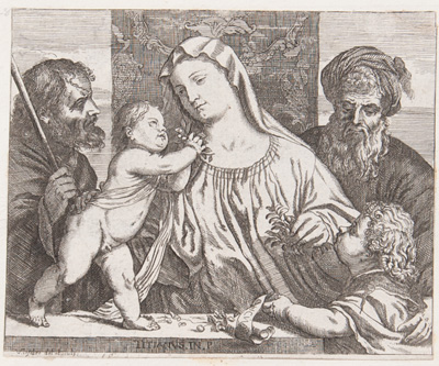 Titian etching from 1682 THE HOLY FAMILY
(AKA The Madonna of the Cherries) 